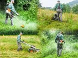 Cztery ujęcia mężczyzny w kraciastej koszuli koszącego trawę w wysokiej, zielonej trawie, używając podkaszarki spalinowej i kosiarki spalinowej, widoczne chmury pyłu i ściętej trawy.