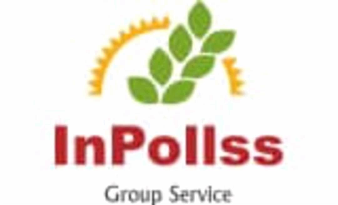 Logo firmy InPollss Group Service z motywem zielonych liści i zębatki w kolorze pomarańczowym.