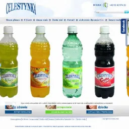 Wygląd strony internetowej producenta wód smakowych Celestynka z widocznymi butelkami w różnych smakach na białym tle.
