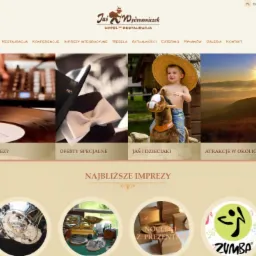 Strona internetowa hotelu i restauracji Jaś Wędrowniczek z sekcjami: Imprezy, Oferty Specjalne, Jaś i Dzieciaki, Atrakcje w Okolicy. W dolnej części widoczne odnośniki do Najbliższych Imprez...