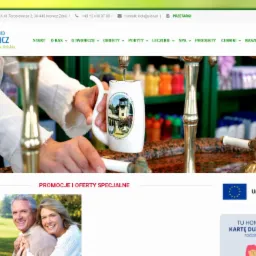 Strona internetowa Uzdrowiska Iwonicz z prezentacją nalewania wody mineralnej do ceramicznego kufla z widokiem uzdrowiska.