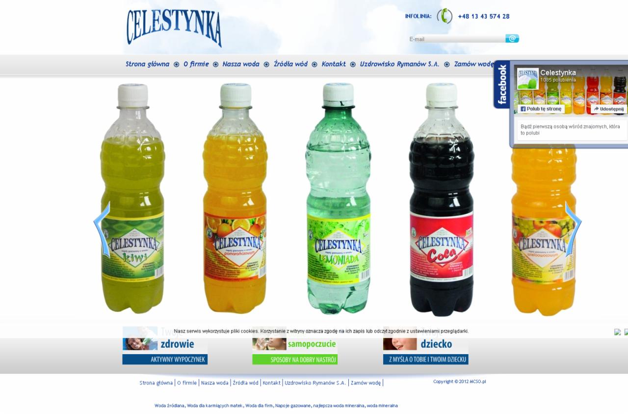 Wygląd strony internetowej producenta wód smakowych Celestynka z widocznymi butelkami w różnych smakach na białym tle.