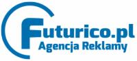 Niebieskie logo firmy Futuricopl Agencja Reklamy na białym tle, z charakterystycznym znakiem graficznym w kształcie litery F otoczonej okręgiem.