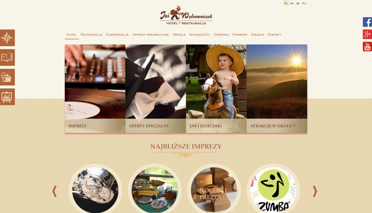 Strona internetowa hotelu i restauracji Jaś Wędrowniczek z sekcjami: Imprezy, Oferty Specjalne, Jaś i Dzieciaki, Atrakcje w Okolicy. W dolnej części widoczne odnośniki do Najbliższych Imprez...