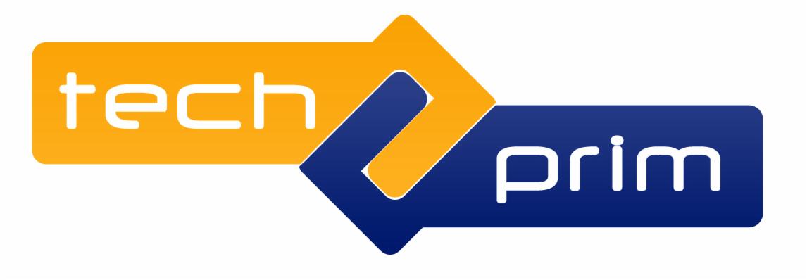 Logotyp firmy z napisem 'tech prim' umieszczonym w dwóch połączonych, zaokrąglonych prostokątach w kolorach żółtym i granatowym, z elementem graficznym w postaci stylizowanej litery 'L' łączącej...