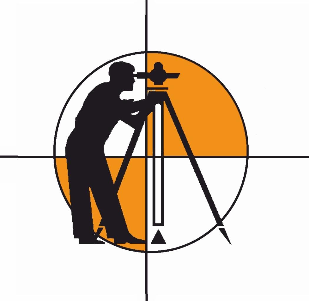 Logo firmy z Sierakowic przedstawiające sylwetkę osoby pracującej z niwelatorem na tle pomarańczowego koła i krzyża celowniczego.