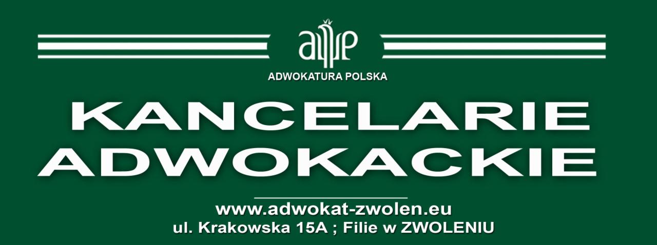 Logo kancelarii adwokackiej z adresem strony internetowej i adresem filii na zielonym tle.