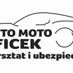 Logo firmy Auto Moto Ficek, warsztat i ubezpieczenia, zarys samochodu w czerni na białym tle.