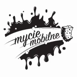 Grafika wektorowa przedstawiająca logo firmy oferującej usługi czyszczenia mobilnego, z motywem rozbryzgującej się cieczy i gąbki.