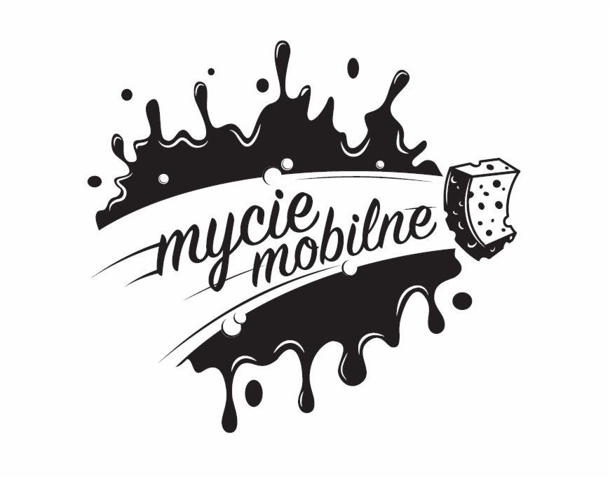 Grafika wektorowa przedstawiająca logo firmy oferującej usługi czyszczenia mobilnego, z motywem rozbryzgującej się cieczy i gąbki.