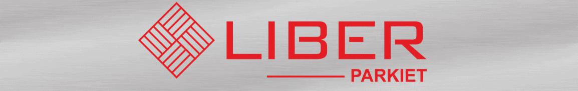 Logo firmy Liber Parkiet z Nowego Sącza, czerwony napis na srebrnym tle, grafika przedstawia wzór ułożonych desek parkietu.