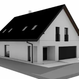 Wizualizacja 3D nowoczesnego, dwukondygnacyjnego domu jednorodzinnego z garażem, czarnym dachem i białymi ścianami, prezentowana z perspektywy bocznej.