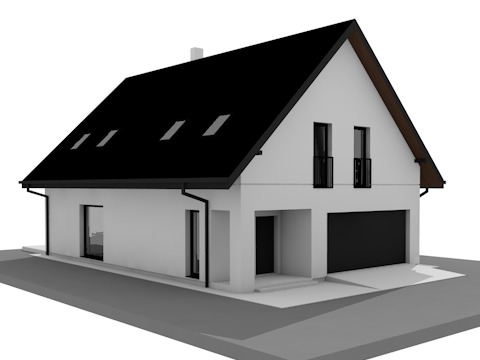 Wizualizacja 3D nowoczesnego, dwukondygnacyjnego domu jednorodzinnego z garażem, czarnym dachem i białymi ścianami, prezentowana z perspektywy bocznej.