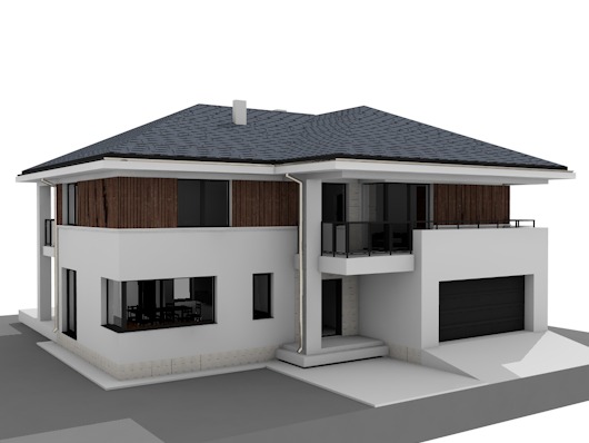 Wizualizacja 3D nowoczesnego, dwukondygnacyjnego domu jednorodzinnego z garażem, białymi ścianami, drewnianą elewacją na piętrze i balkonem z czarną balustradą.
