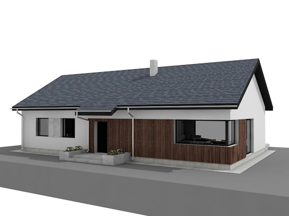 Wizualizacja projektu domu jednorodzinnego z szarym dachem, białymi ścianami i drewnianą elewacją, widok z zewnątrz.