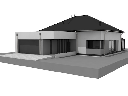 Wizualizacja 3D projektu architektonicznego nowoczesnego domu jednorodzinnego z garażem, ukazująca bryłę budynku z dachem dwuspadowym i elementami wykończeniowymi w odcieniach szarości.