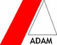 Czerwono-białe logo firmy ADAM z trójkątnym elementem graficznym.