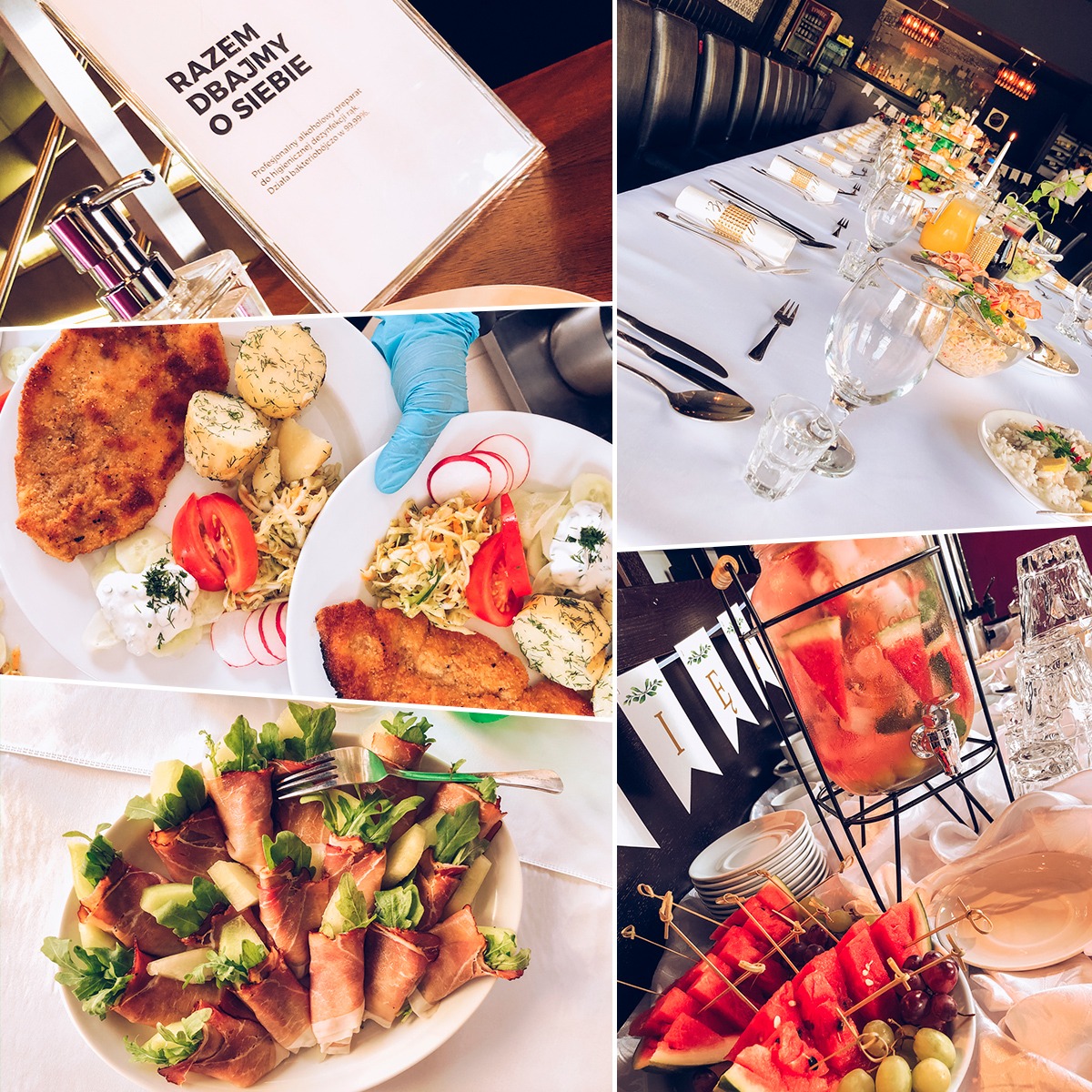 Kolaż z ujęciami stołów cateringowych: stół z nakryciami i potrawami, dania obiadowe z kotletem i ziemniakami, przekąski z szynki parmeńskiej, napój z arbuzem w szklanym dystrybutorze,...