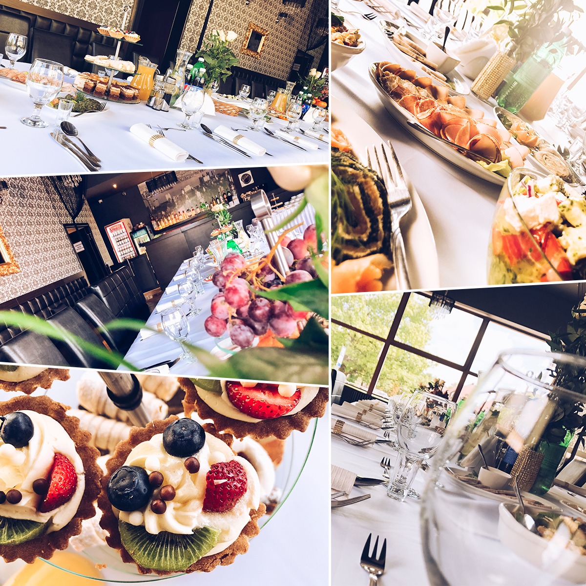 Kompozycja kolażu: Ustawione stoły z białymi obrusami i dekoracjami kwiatowymi, bufet z przekąskami i deserami, wnętrze lokalu z barem, zbliżenie na tartaletki z owocami.