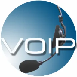 Słuchawki z mikrofonem na tle gradientowego niebieskiego koła z napisem 'VOIP', sugerujące telefonię internetową.