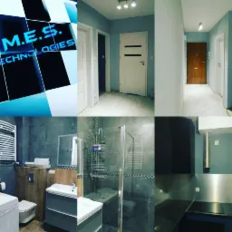 Mozaika zdjęć przedstawiająca wnętrza: logo firmy, korytarz z białymi drzwiami i szarą podłogą, łazienkę z kabiną prysznicową i umywalką, oraz fragment kuchni z czarnym blatem i metalowym okapem.