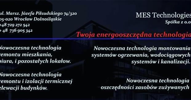 Grafika reklamowa firmy MES Technologies z Wrocławia, oferującej nowoczesne technologie, w tym remonty i izolacje termiczne elewacji, montaż systemów ogrzewania i wodociągowych, oraz remonty...
