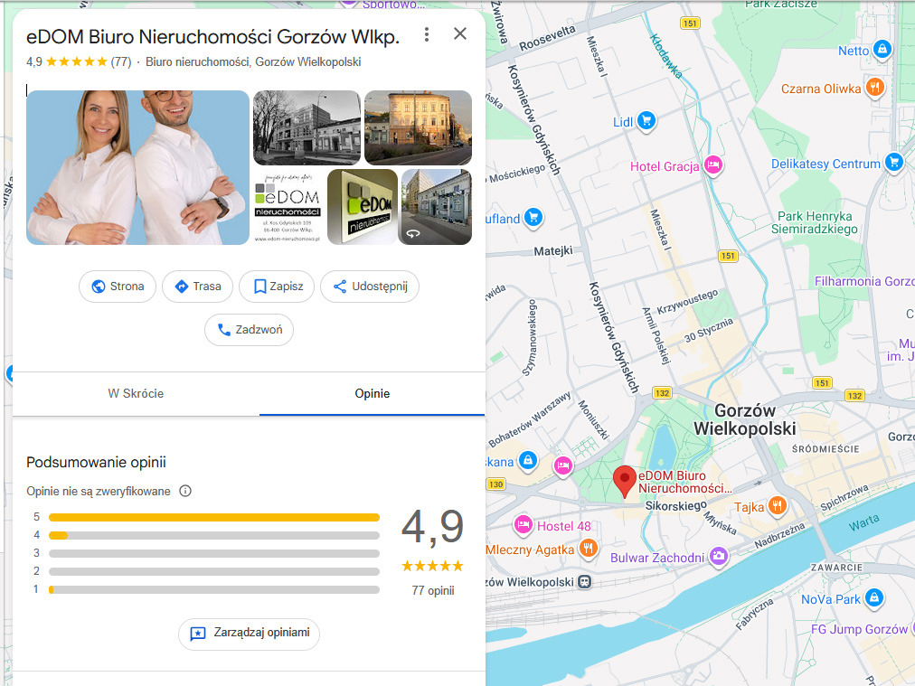 Mapa Google z wizytówką eDOM Biuro Nieruchomości Gorzów Wlkp. Widoczne zdjęcia biura, ocena 4.9 gwiazdek i lokalizacja na mapie Gorzowa Wielkopolskiego.