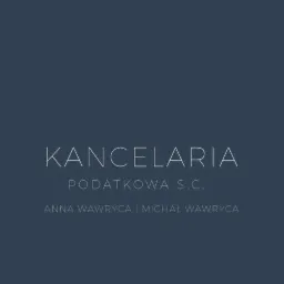 Minimalistyczne logo Kancelarii Podatkowej S.C. z imionami Anna i Michał Wawryca na ciemnoniebieskim tle.