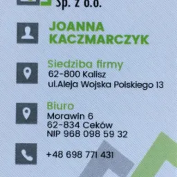 Wizytówka firmy D&G Partner Plus Sp. z o.o. z adresem siedziby w Kaliszu, adresem biura w Morawinie, numerem NIP i adresem e-mail.