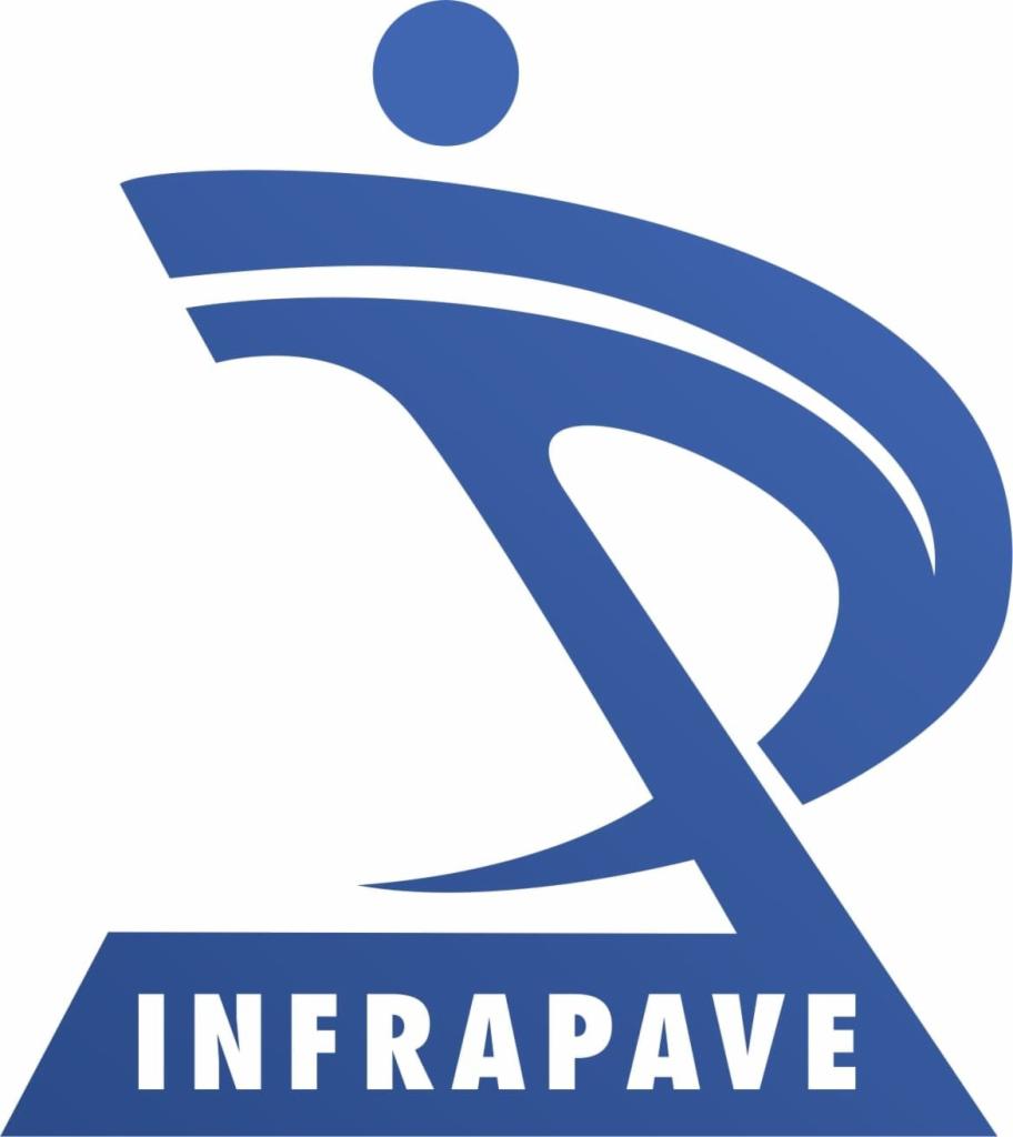 Niebieskie logo firmy INFRA PAVE z abstrakcyjnym symbolem drogi lub ścieżki.