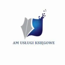 Stylizowana, otwarta księga w kolorach szaro-niebieskich z pikselowym efektem rozproszenia, poniżej napis 'AM USŁUGI KSIĘGOWE'.