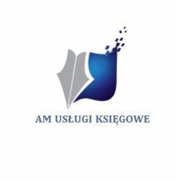 Stylizowana, otwarta księga w kolorach szaro-niebieskich z pikselowym efektem rozproszenia, poniżej napis 'AM USŁUGI KSIĘGOWE'.