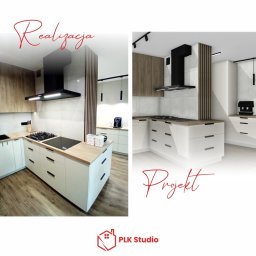 PLK STUDIO Spółka z o. o. - Porównanie projektu i realizacji kuchni: białe szafki z drewnianym blatem, czarny okap, drewniane lamele. Po lewej realizacja, po prawej projekt. PLK Studio.