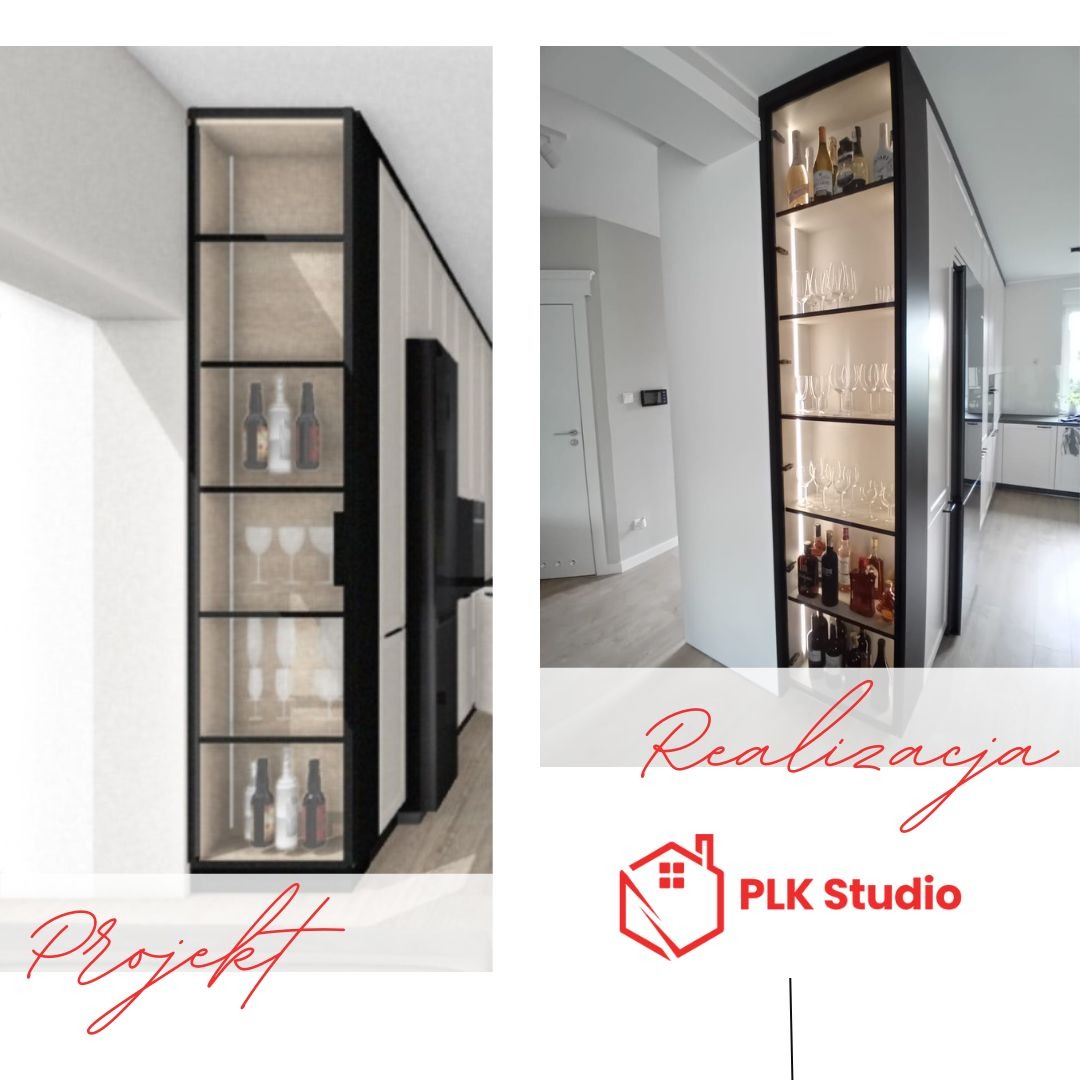 Wizualizacja projektu i zdjęcia z realizacji zabudowy meblowej z podświetlaną witryną na alkohole i szkło w nowoczesnym wnętrzu.