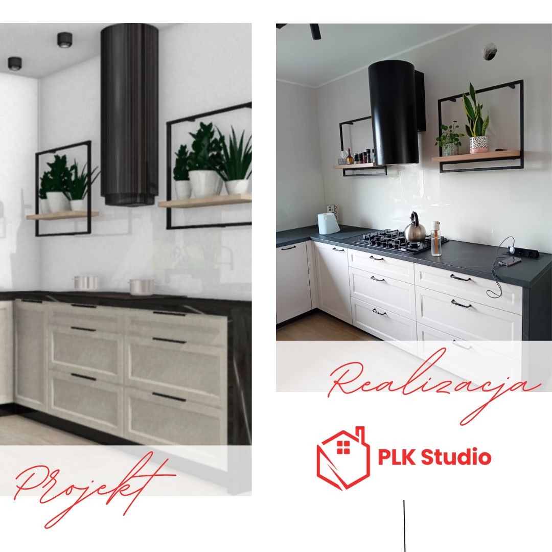 Porównanie projektu i realizacji kuchni z białymi szafkami z ciemnymi blatami, czarnym okapem cylindrycznym i półkami z roślinami w metalowych ramkach.