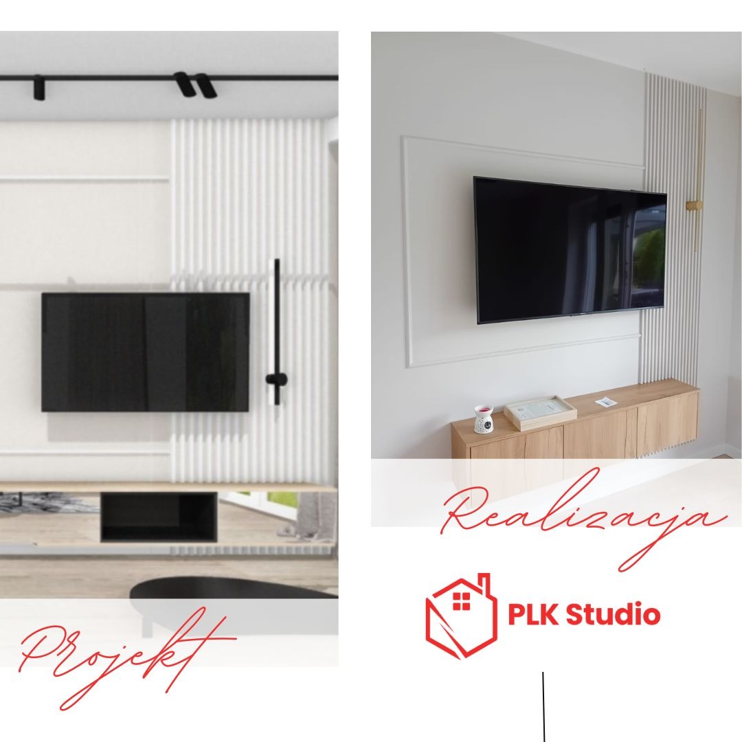 Wizualizacja i realizacja ściany telewizyjnej z dekoracyjnymi panelami pionowymi, oświetleniem punktowym i szafką RTV z jasnego drewna.