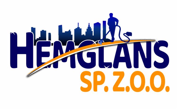 Logo firmy sprzątającej HEMGLANS SP. Z O.O. z sylwetką miasta i postacią odkurzającą na tle nazwy.