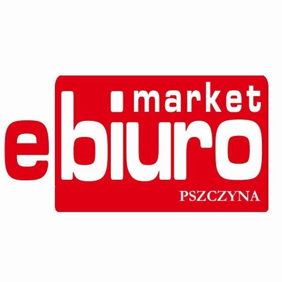 Logo firmy 'e-biuro i-market Pszczyna' na czerwonym tle.
