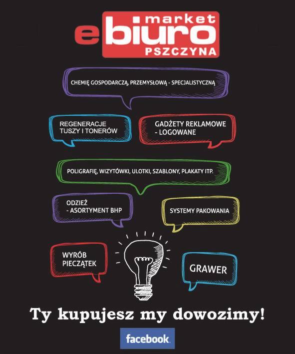 Grafika reklamowa firmy e-biuro z Pszczyny, oferującej chemię gospodarczą, przemysłową, regenerację tuszy i tonerów, gadżety reklamowe logowane, poligrafię, odzież BHP, systemy pakowania, wyrób...