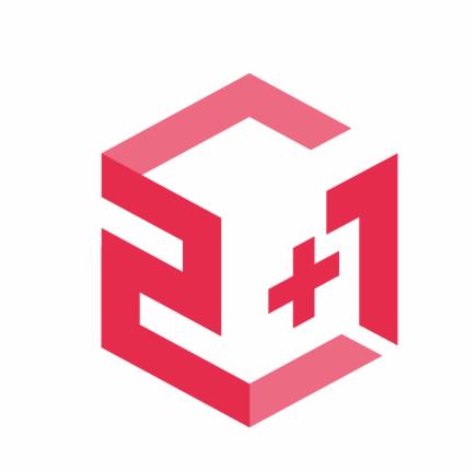 Abstrakcyjne logo w kształcie sześcianu z elementami przypominającymi cyfry '2' i '1' oraz znak plus, w odcieniach różu na białym tle.