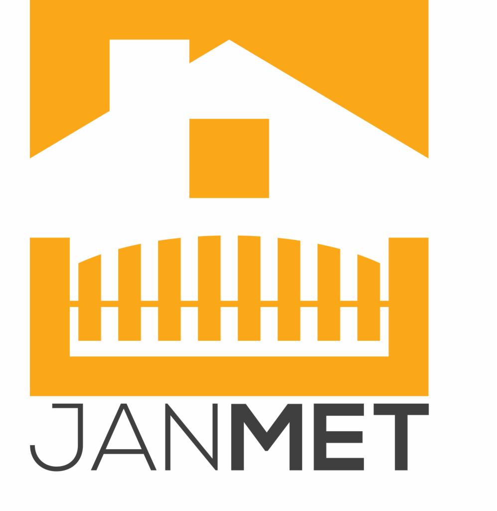Logo firmy JANMET z Dębna przedstawiające stylizowany dom nad ogrodzeniem z bramą.