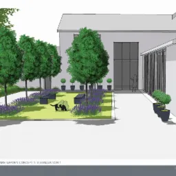 Wizualizacja ogrodu przy stodole z rzędem drzew, rabatami lawendy, ławkami, figurą kobiety w wejściu i dwoma psami bawiącymi się na trawniku.