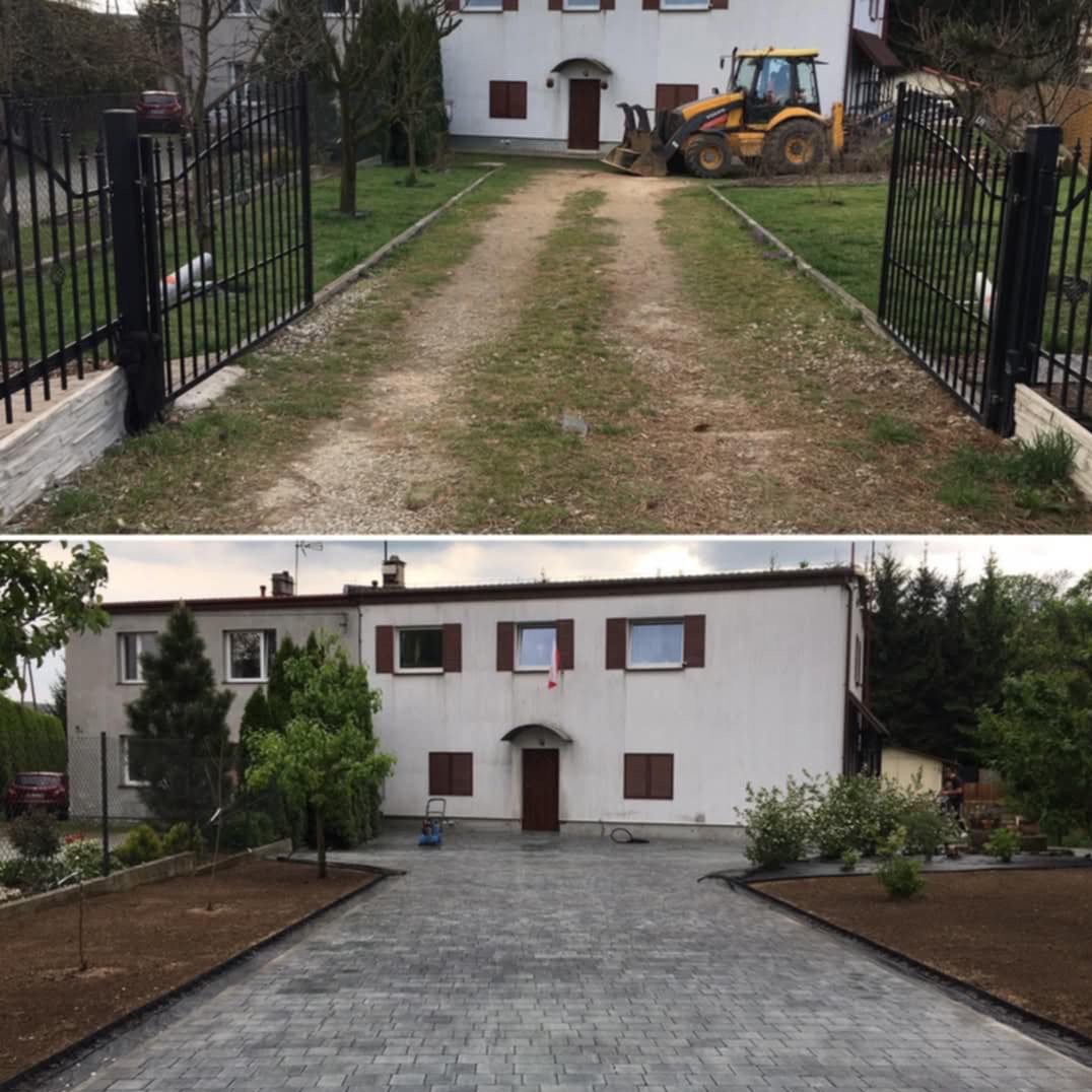 Zdjęcie 'przed i po' ukazujące metamorfozę podjazdu: od szutrowej drogi z koparką, do eleganckiej kostki brukowej z nowym trawnikiem i zadbaną zielenią.