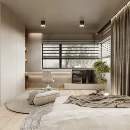 Nowoczesna sypialnia w neutralnych barwach z biurkiem przy oknie, okrągłym lustrem z podświetleniem i dekoracyjnym drzewkiem bonsai