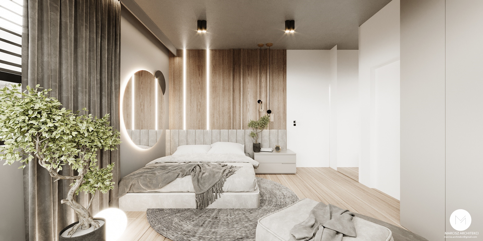 Nowoczesna sypialnia z drewnianą ścianą z podświetleniem LED, okrągłym lustrem z podświetleniem, szarymi zasłonami i rośliną bonsai w doniczce