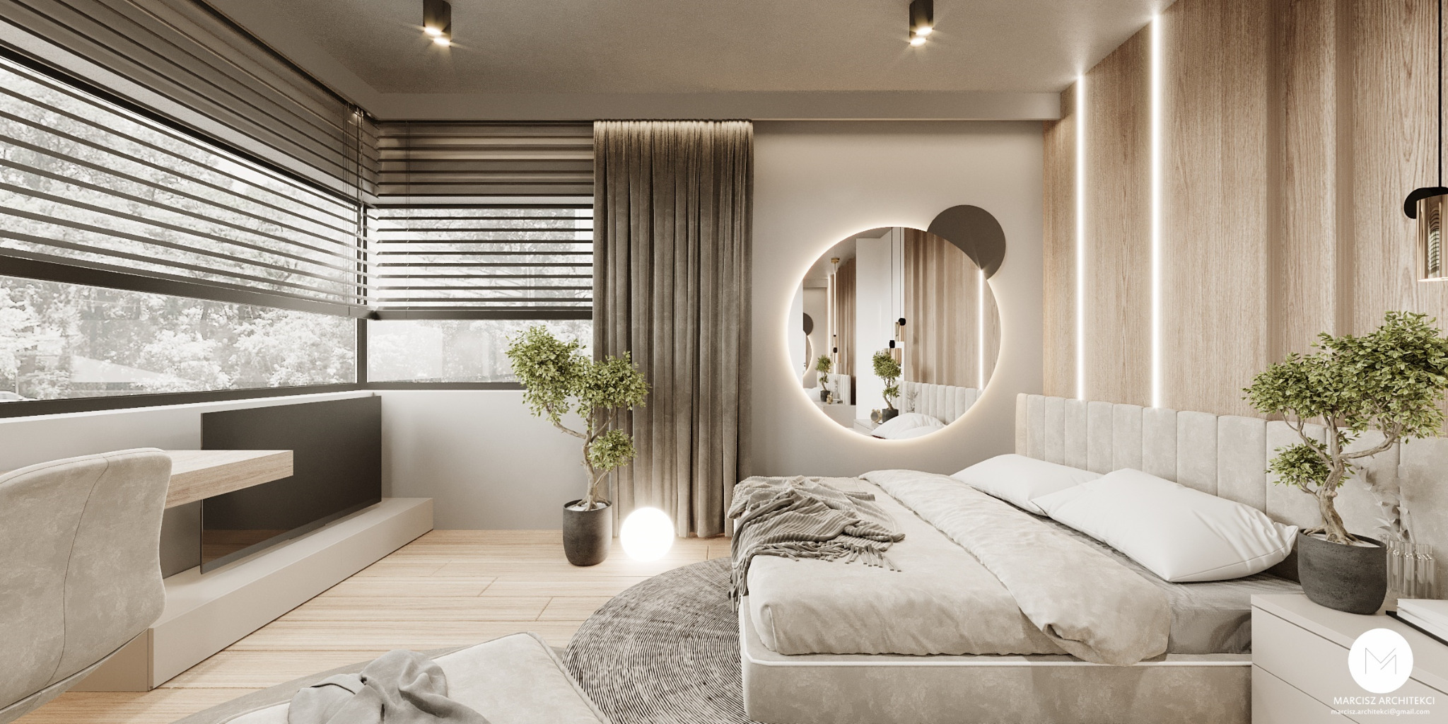 Nowoczesna sypialnia w neutralnych barwach z okrągłym lustrem podświetlanym LED, drewnianą ścianą z pionowymi paskami świetlnymi, biurkiem przy oknie z żaluzjami i rośliną w doniczce.