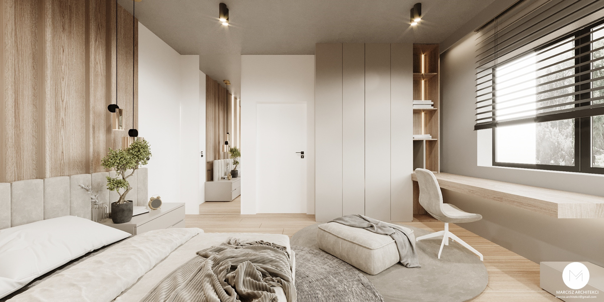 Nowoczesna sypialnia w Laskowej z drewnianymi panelami na ścianie, minimalistycznymi lampami wiszącymi, rośliną bonsai na szafce nocnej oraz biurkiem wbudowanym pod oknem z żaluzjami.