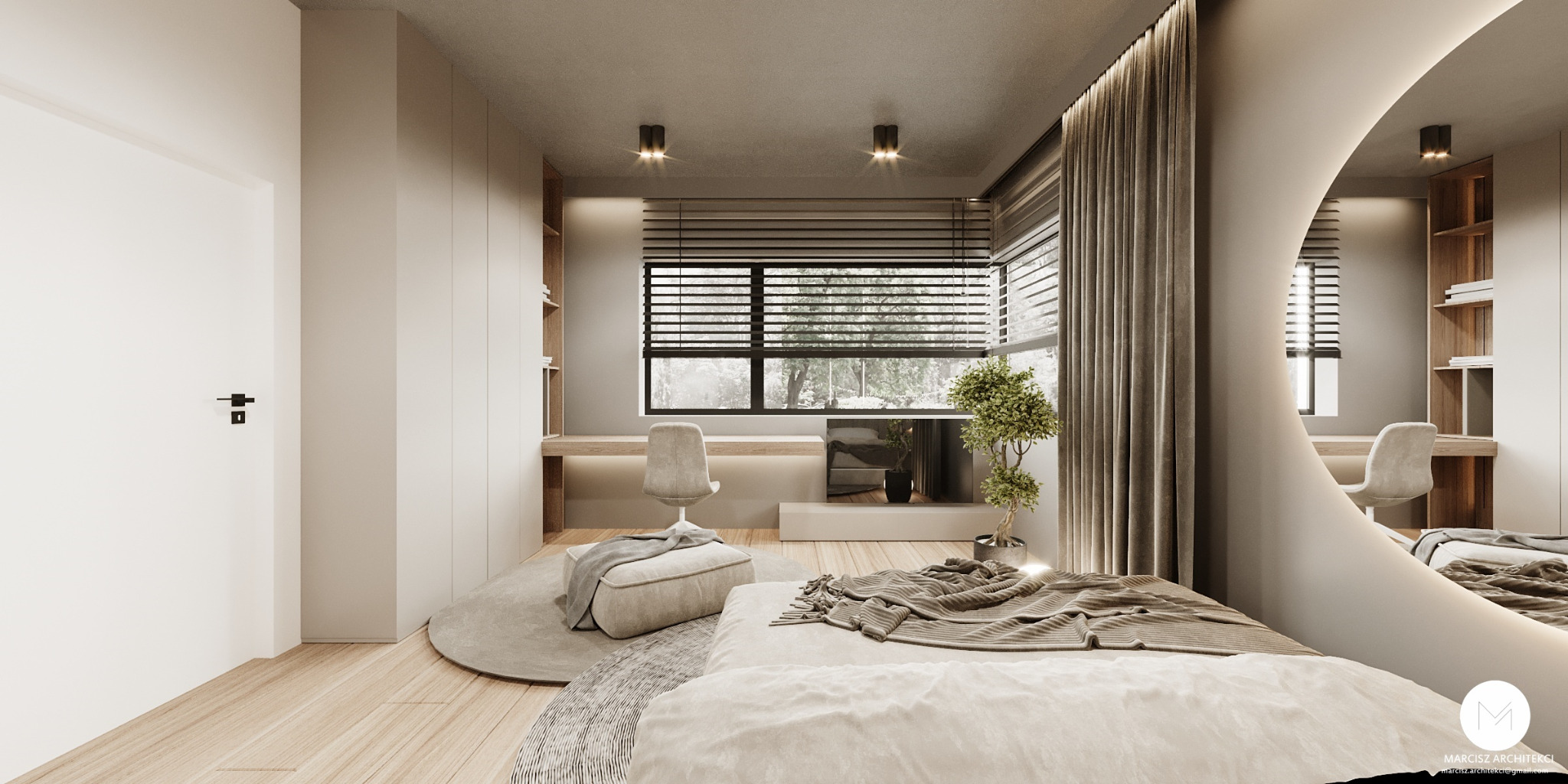 Nowoczesna sypialnia w neutralnych barwach z biurkiem przy oknie, okrągłym lustrem z podświetleniem i dekoracyjnym drzewkiem bonsai