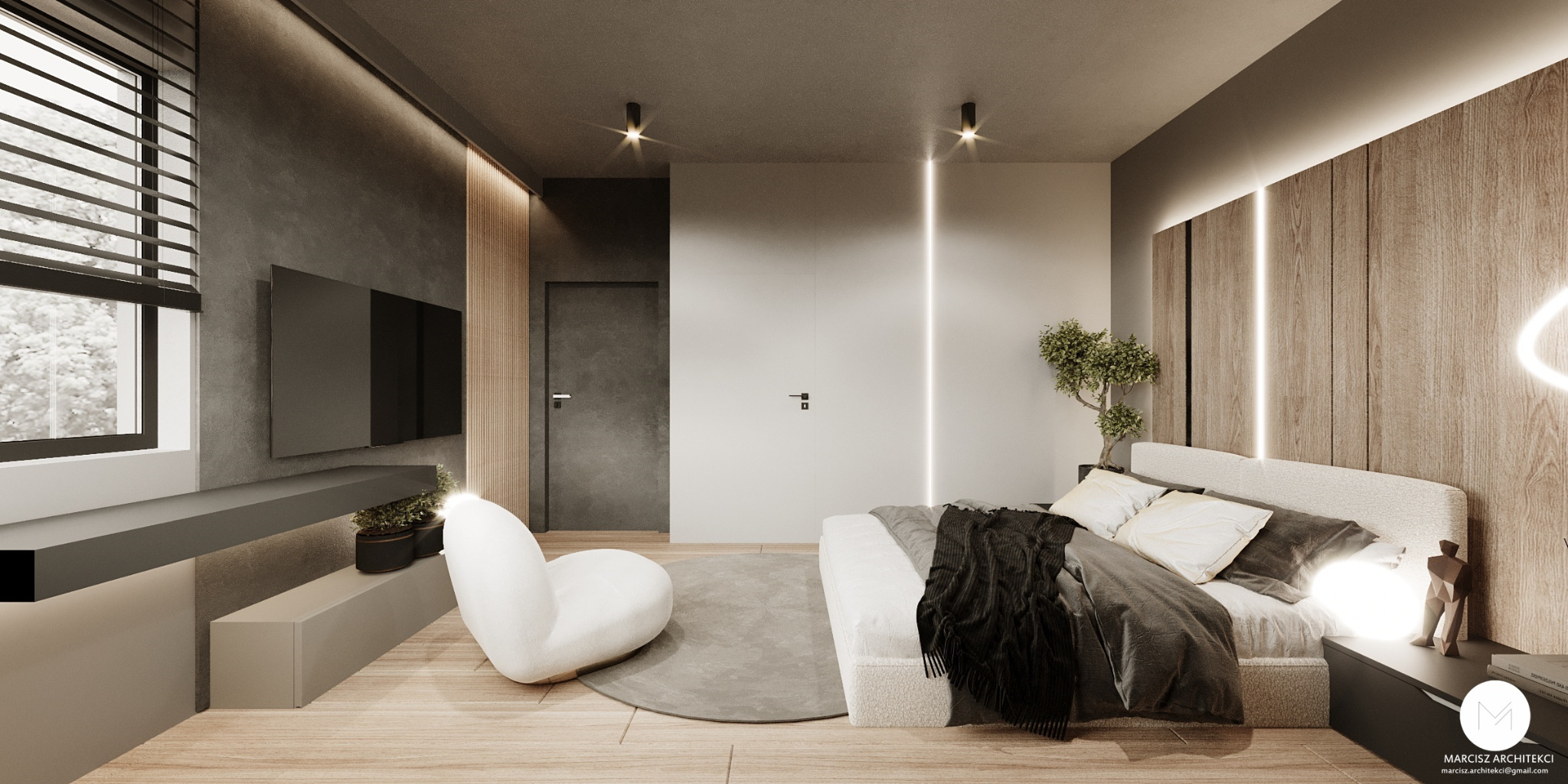 Nowoczesna sypialnia z drewnianą ścianą, oświetleniem LED, designerskim fotelem i elementami dekoracyjnymi, minimalistyczny styl.