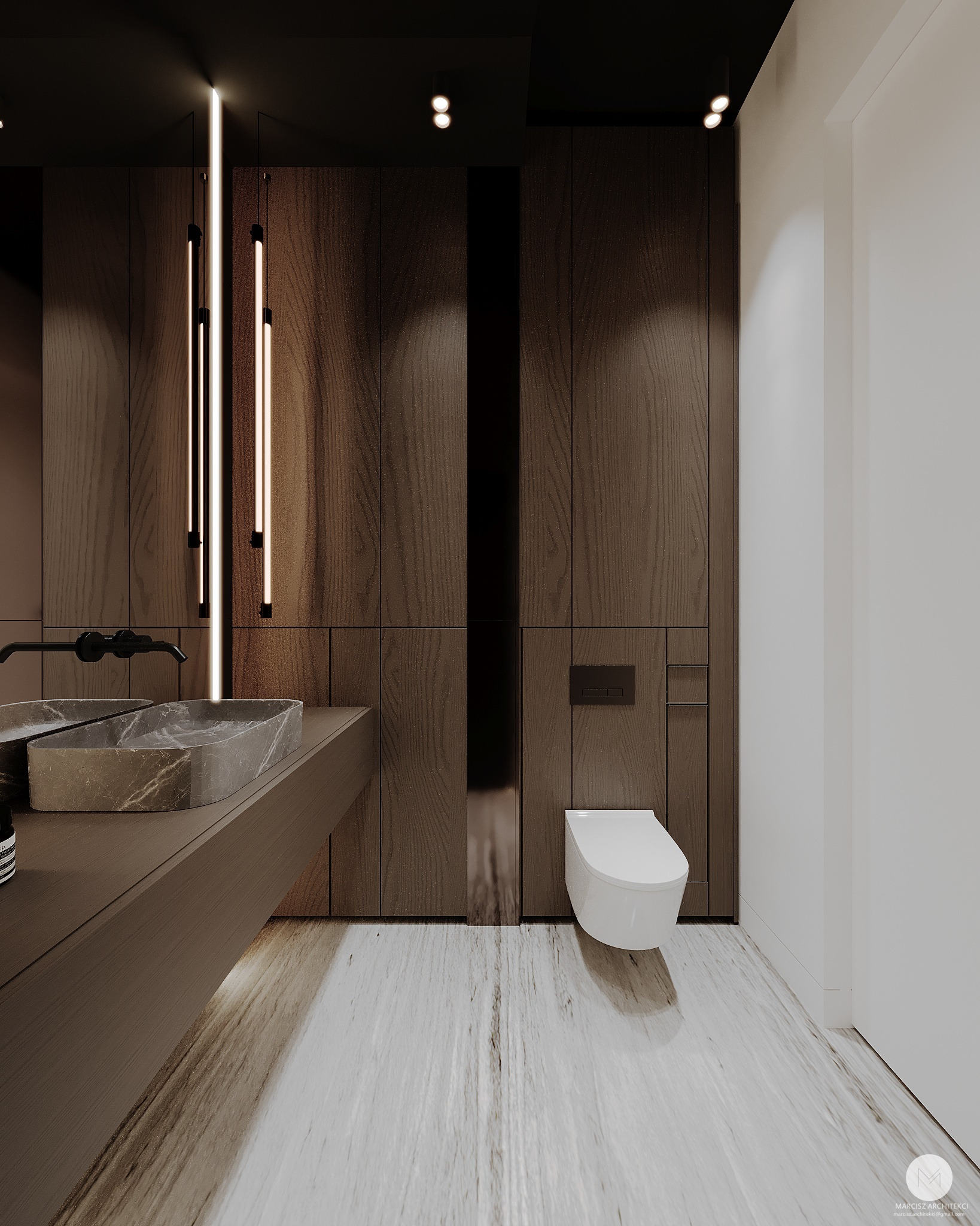 Nowoczesna łazienka z drewnianą zabudową, marmurową umywalką i podświetlanymi lampami. Minimalistyczny design z toaletą w podwieszanej formie.